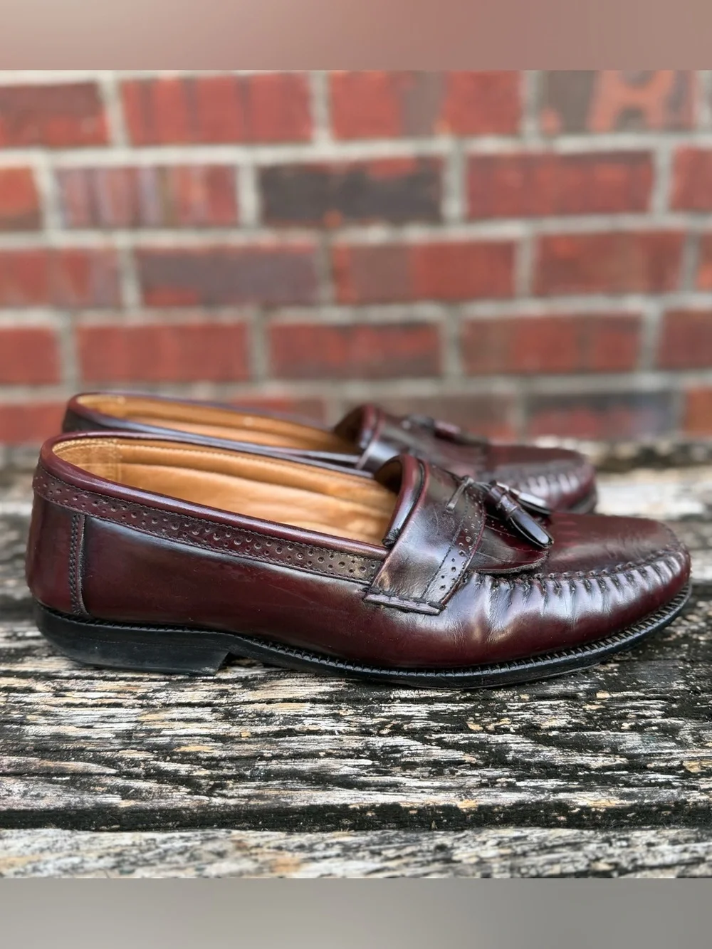 Vintage Bass Nelson Sz 10D Burgundy Leather Tassel Kiltie Loafers with Fringe P4